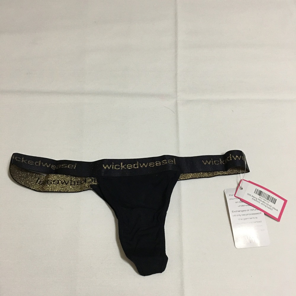 Wicked Weasel Thong 665 Womens Medium Black Gold Glitter Logo String Back NWT